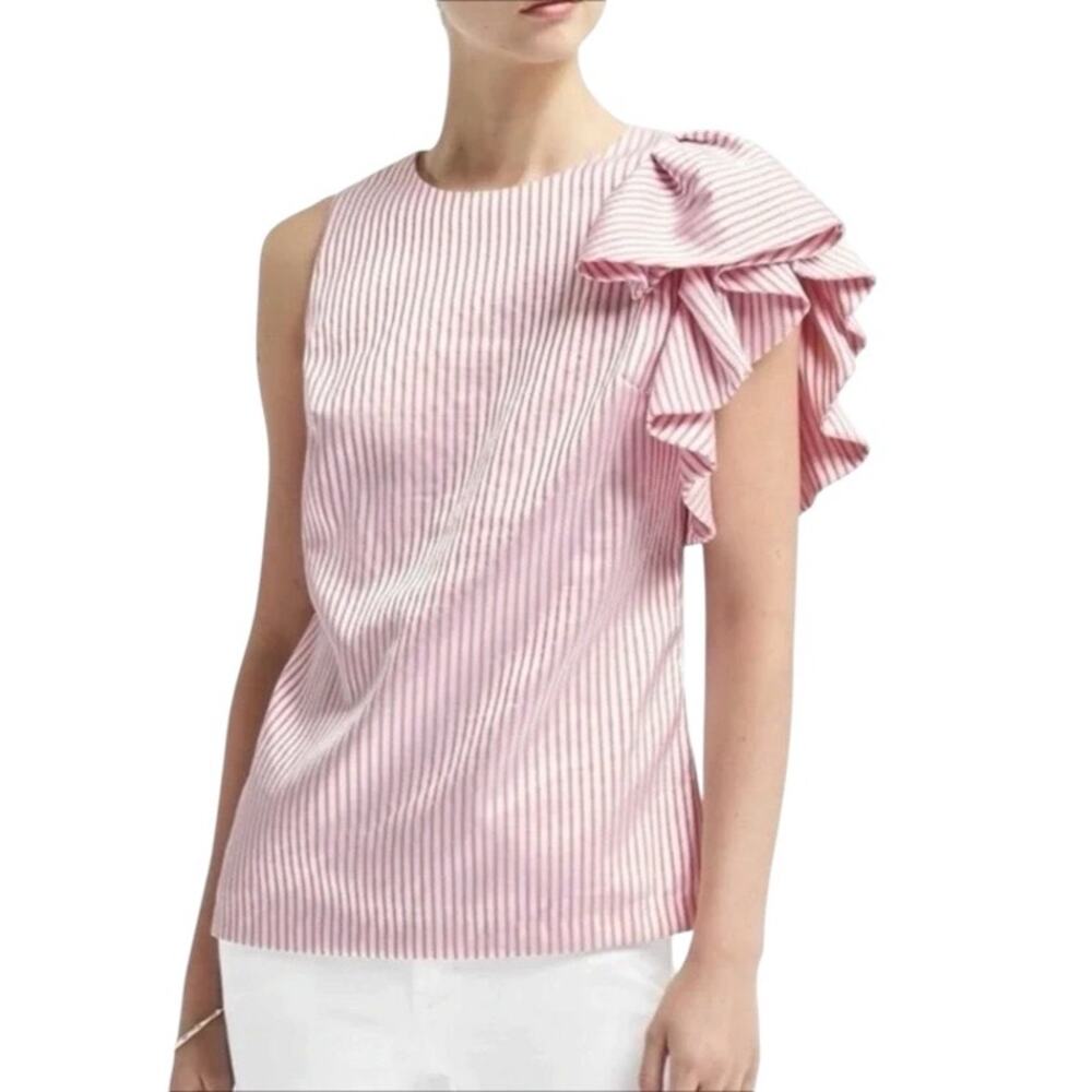 Banana Republic Pink & White Stripe Sleeveless Asymmetrical Ruffle Top XXS P